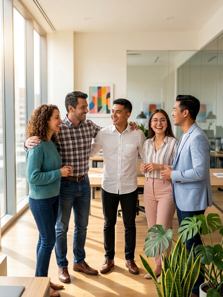 Equipo colaborando en un ambiente laboral positivo